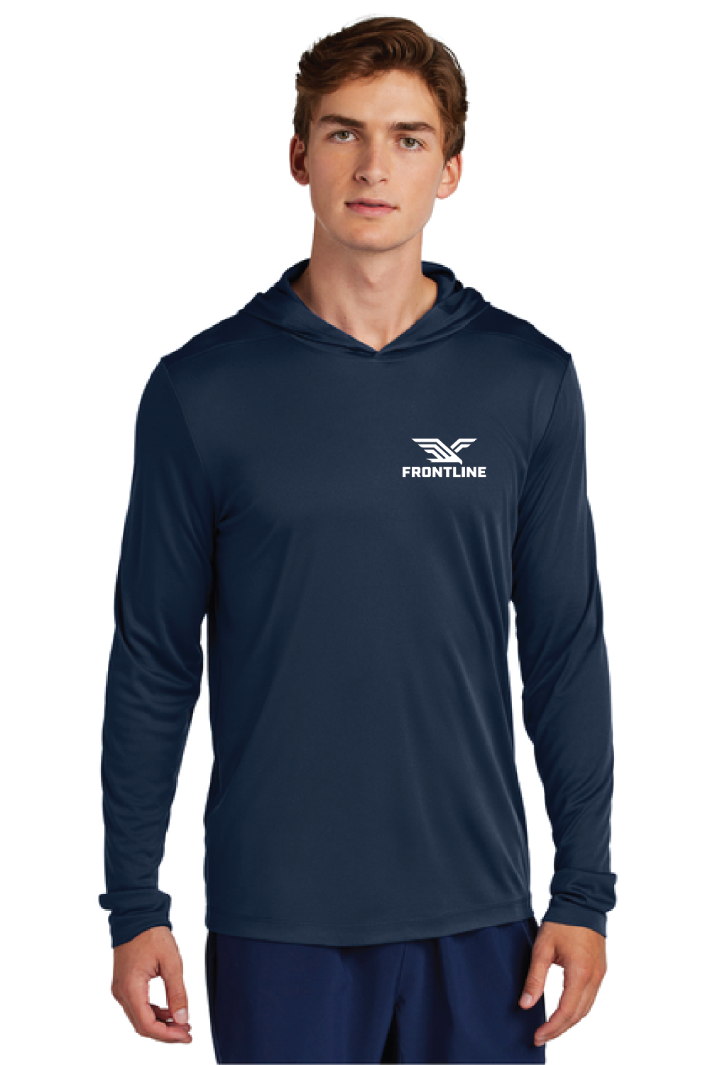 Frontline Hooded Performance Long Sleeve in Navy, front