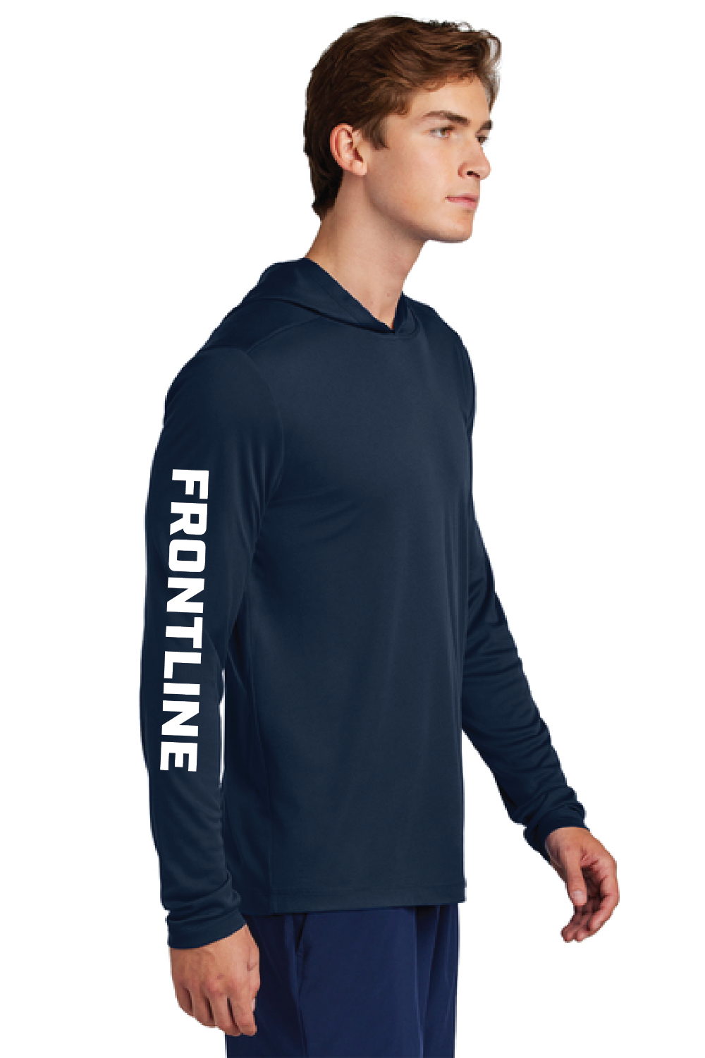 Frontline Hooded Performance Long Sleeve in Navy, sleeve